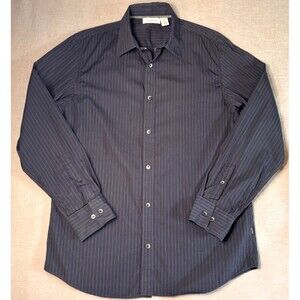 Calvin Klein Men's Navy Button Down Shirt Sz Med 100% Cotton Vertical Pinstripes